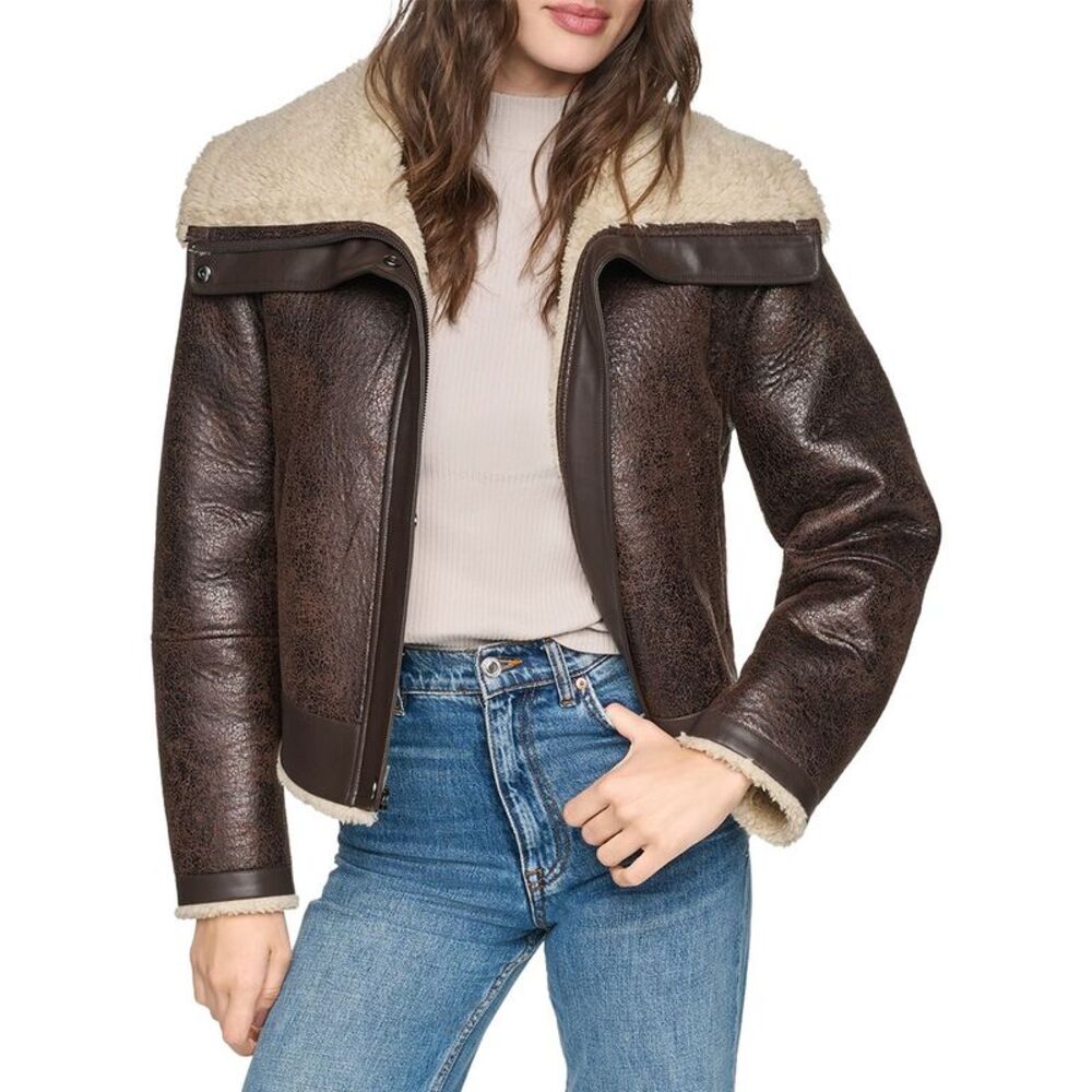 Andrew Marc Womens Ellery Aviator Jacket, Brown